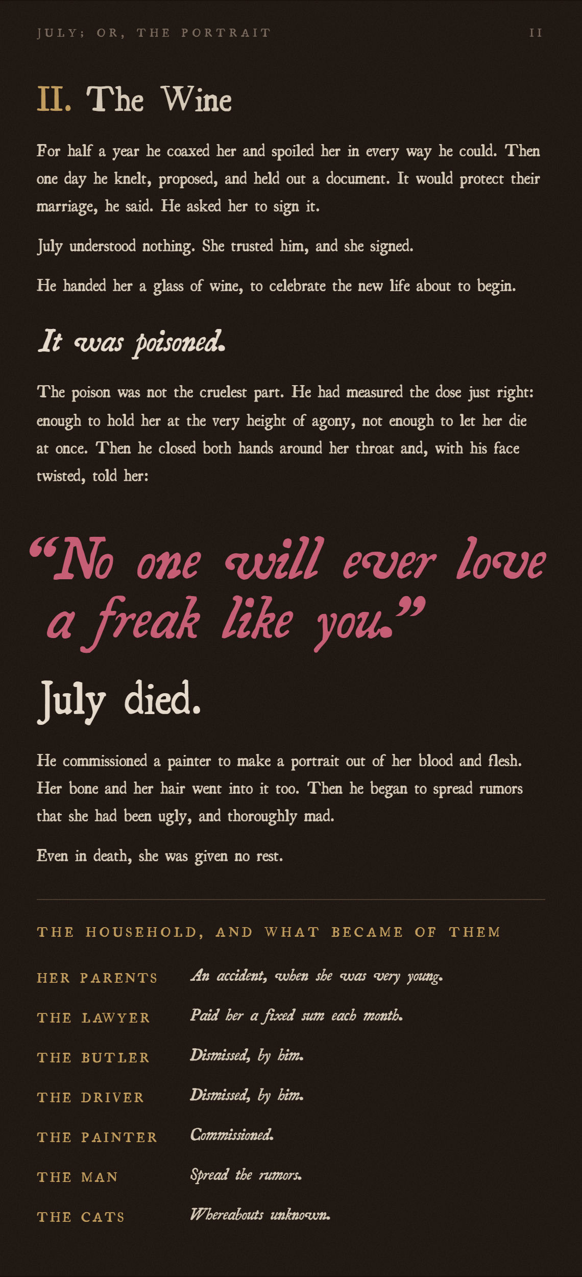 Chapter two: the proposal, the poisoned wine, and the household roll call