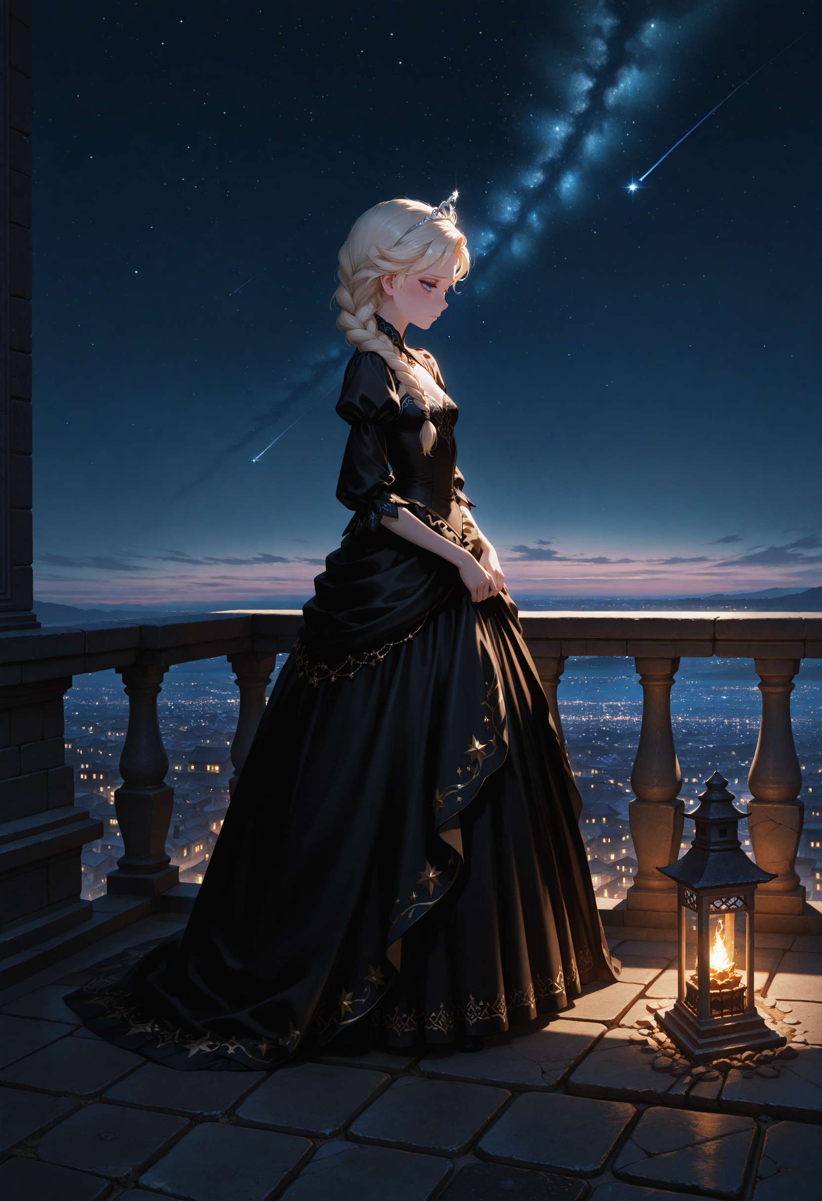 Freya is dressed in a black dress, her tiara sparkling on her head.