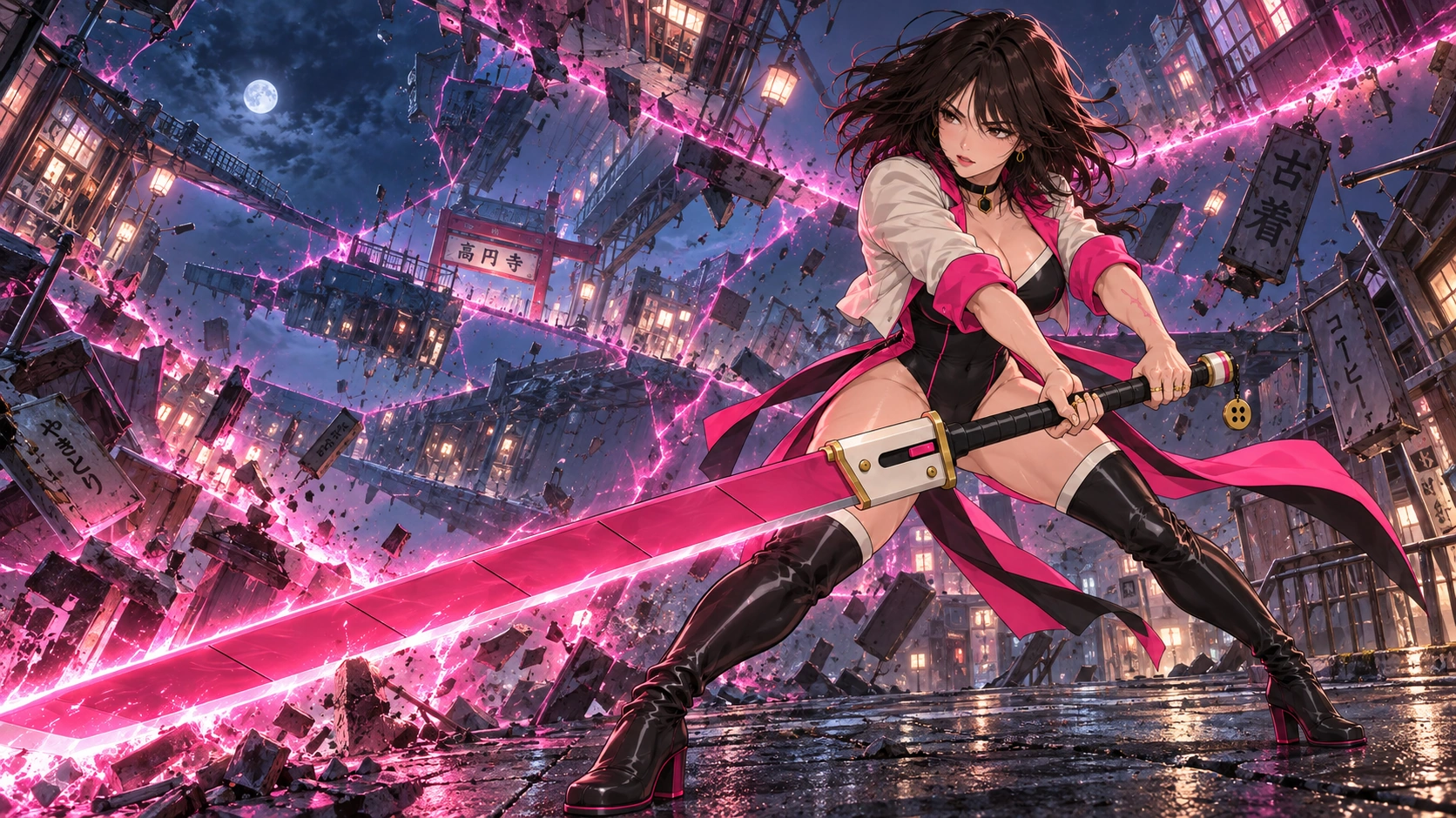Rika in her transformed black, cream and pink outfit, braced with REDLINE as a Koenji street splits into impossible futures.