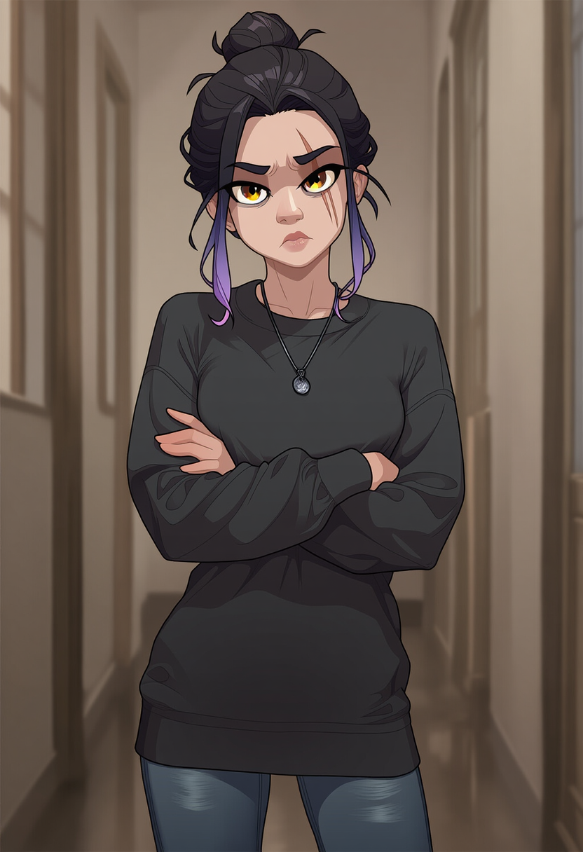Her dark hair is falling loose from its messy bun, and she reflexively touches her silver pendant, rolling it between her fingers as if to ground herself.