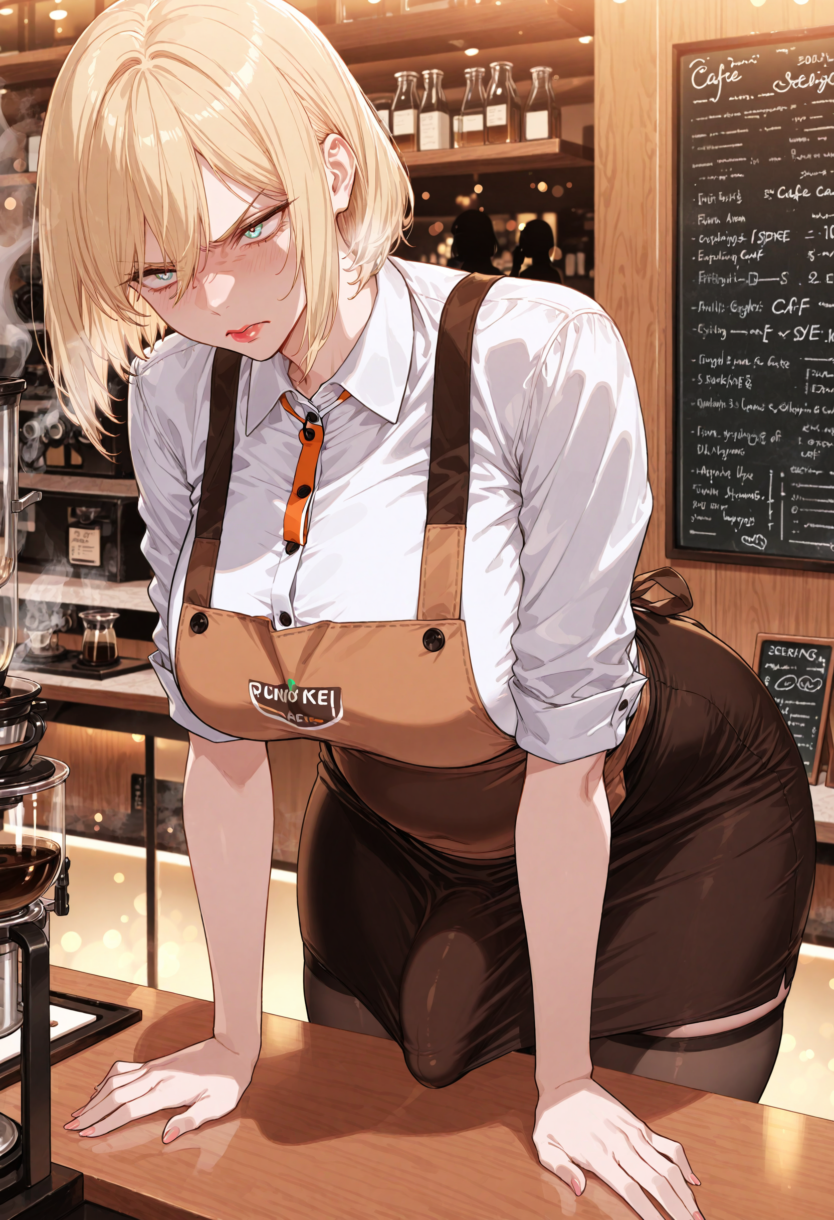 Linda is wearing a white dress shirt with the sleeves rolled, a black pencil skirt that hugs her ass, thighs, and bulge tightly, stockings, heels, and a black cafe apron.