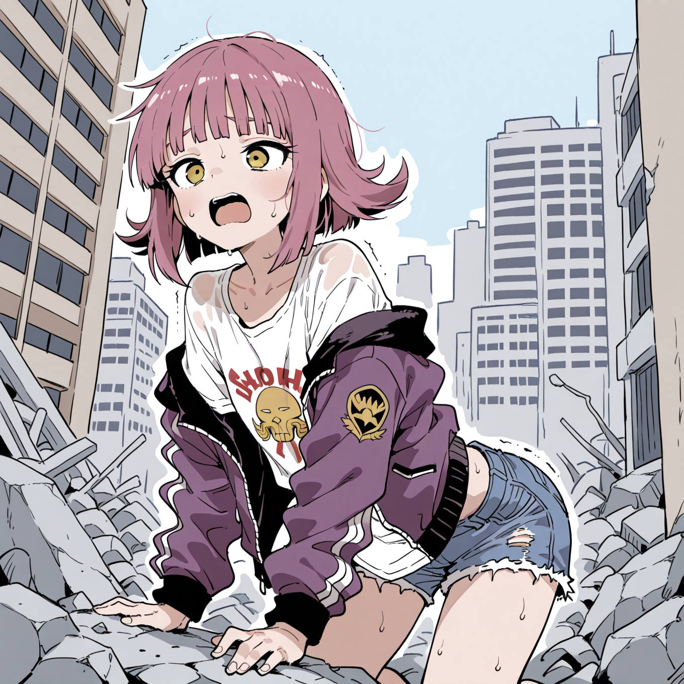 Rei in this scenario wears a white t-shirt, blue denim shorts and a purple bomber jacket along with some sneakers.