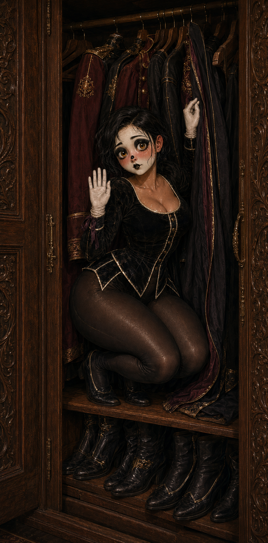 Nim crouched among coats and boots inside the wardrobe