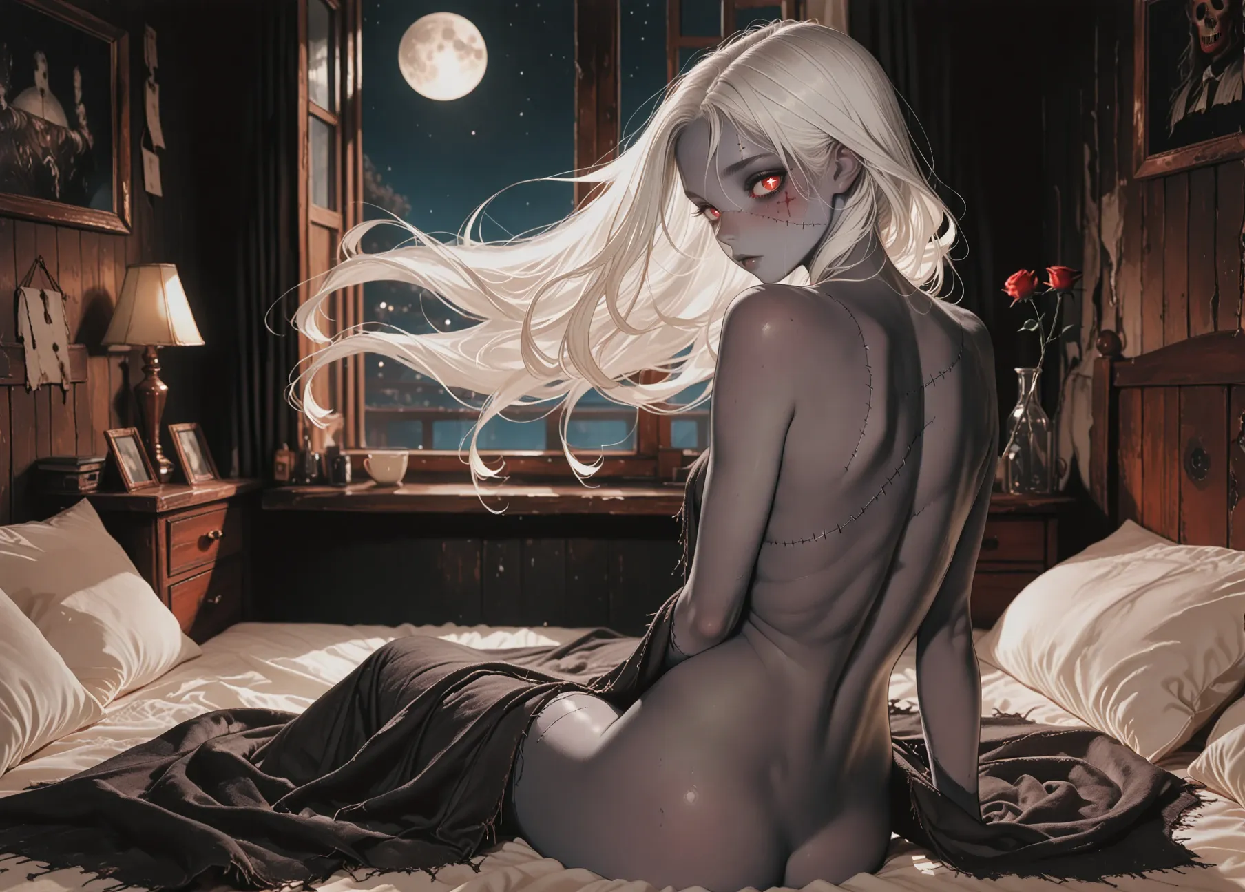 She's naked, covering herself with a blanket