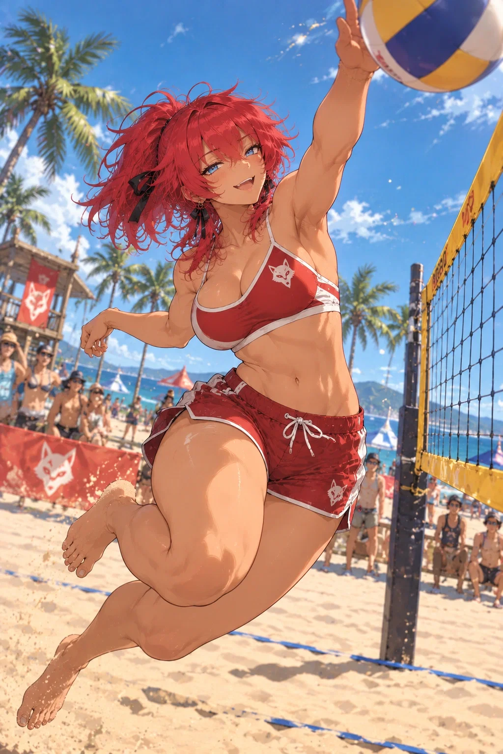 Rory jumping to play a volleyball beside the beach net in red sportswear