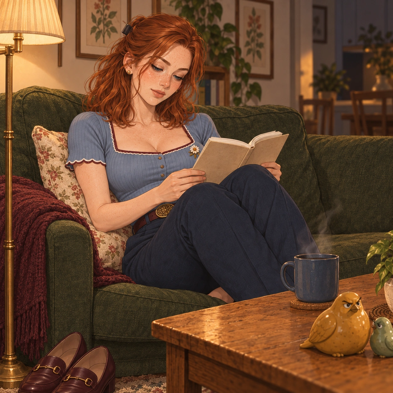 Ava reading on the sofa with her blue mug and ceramic birds nearby