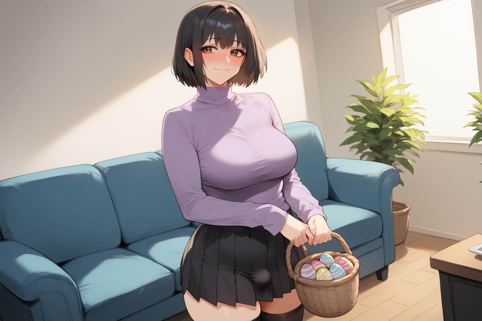 Sachiko is wearing her purple turtleneck sweater, black pleated skirt, and thigh-high black stockings