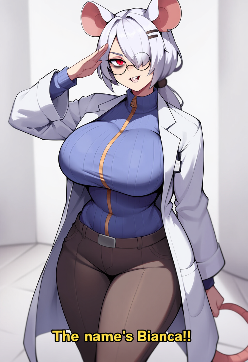 Dr. Bianca wearing a lab coat, cobalt zip-up shirt, brown khaki pants, brown work shoes, a hairpin, and some large round glasses.