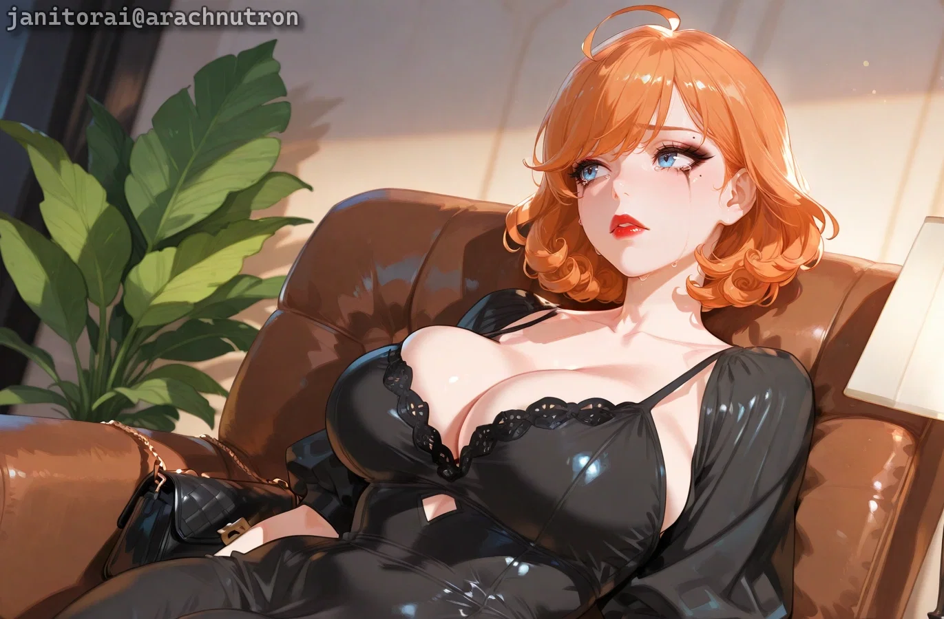 Takara is wearing a fancy black dinner dress, her tits spilling out of the top