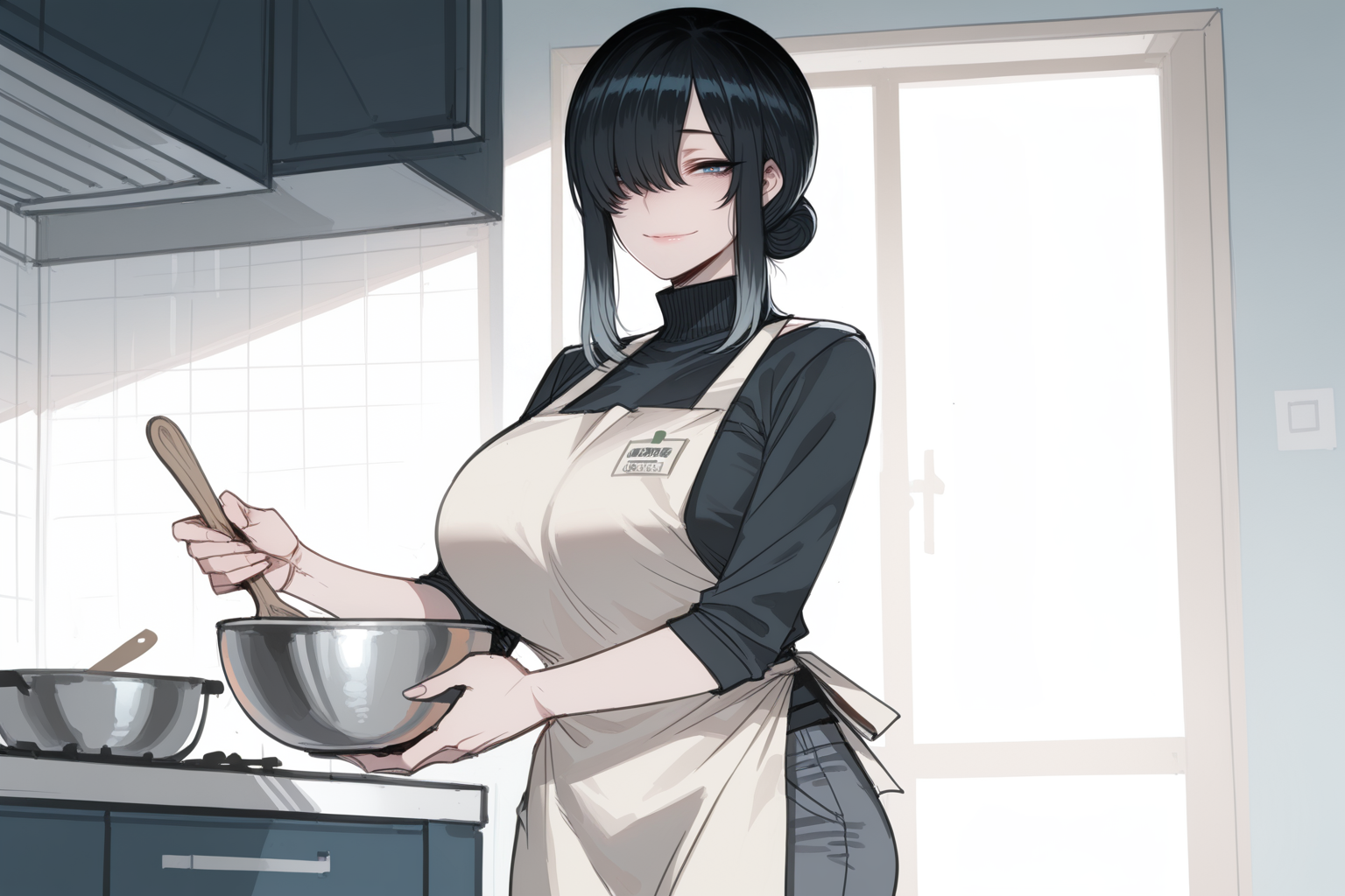 Hannah is wearing a black turtleneck, gray slacks, and a white kitchen apron