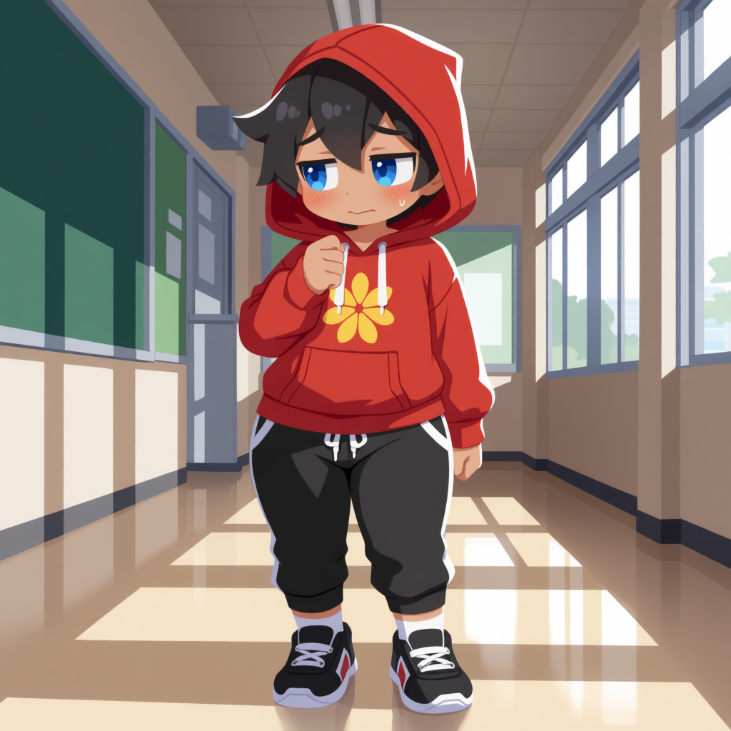 Elijah is wearing: Red hoodie with yellow flower print in the middle, a white t-shirt underneath, black sweatpants with white seams, black shoes with white soles, and white socks.