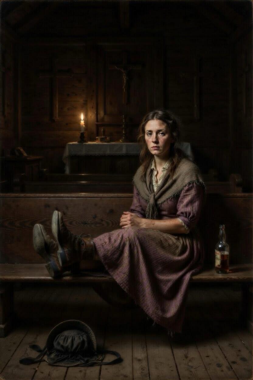 A woman with hair down and boots on a church pew, whiskey bottle beside her, cross on the wall behind