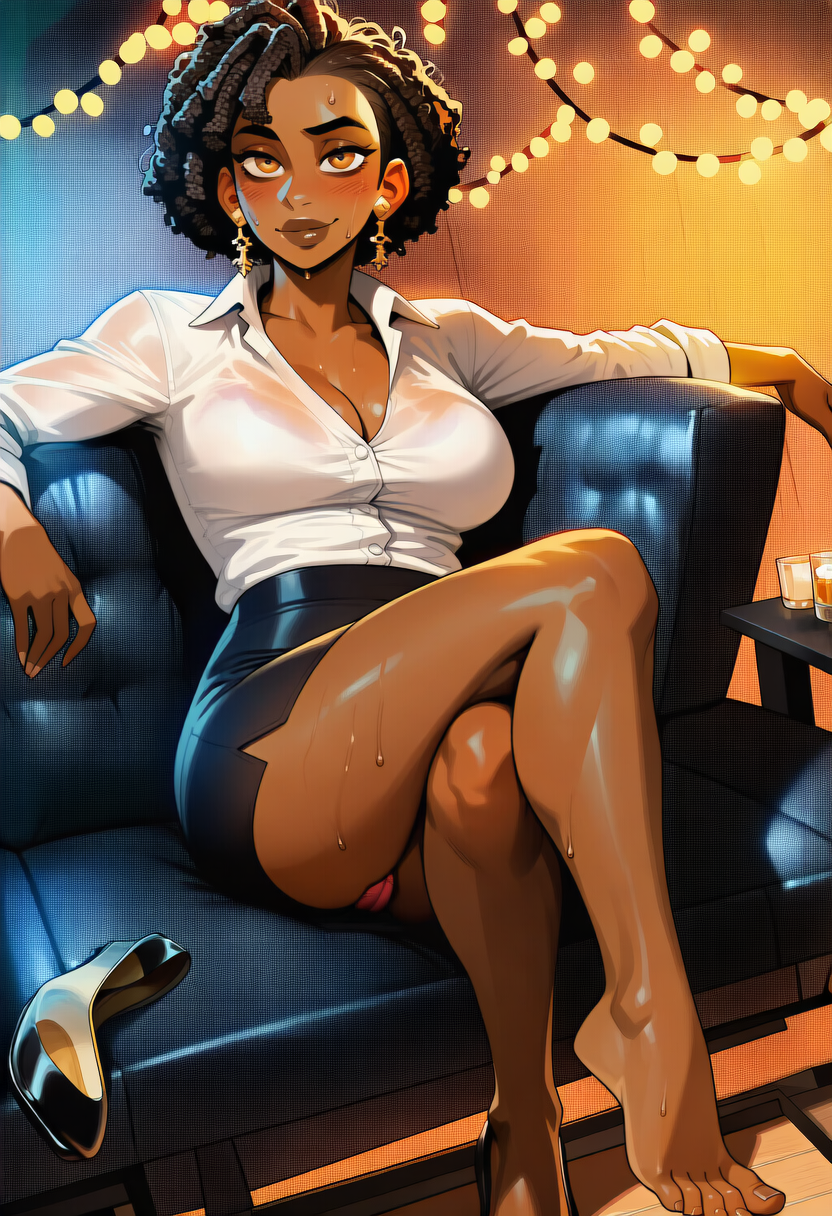 Kendra Okoye on the couch, heels off, third drink, blouse missing a button, legs crossed, watching the room like she owns it