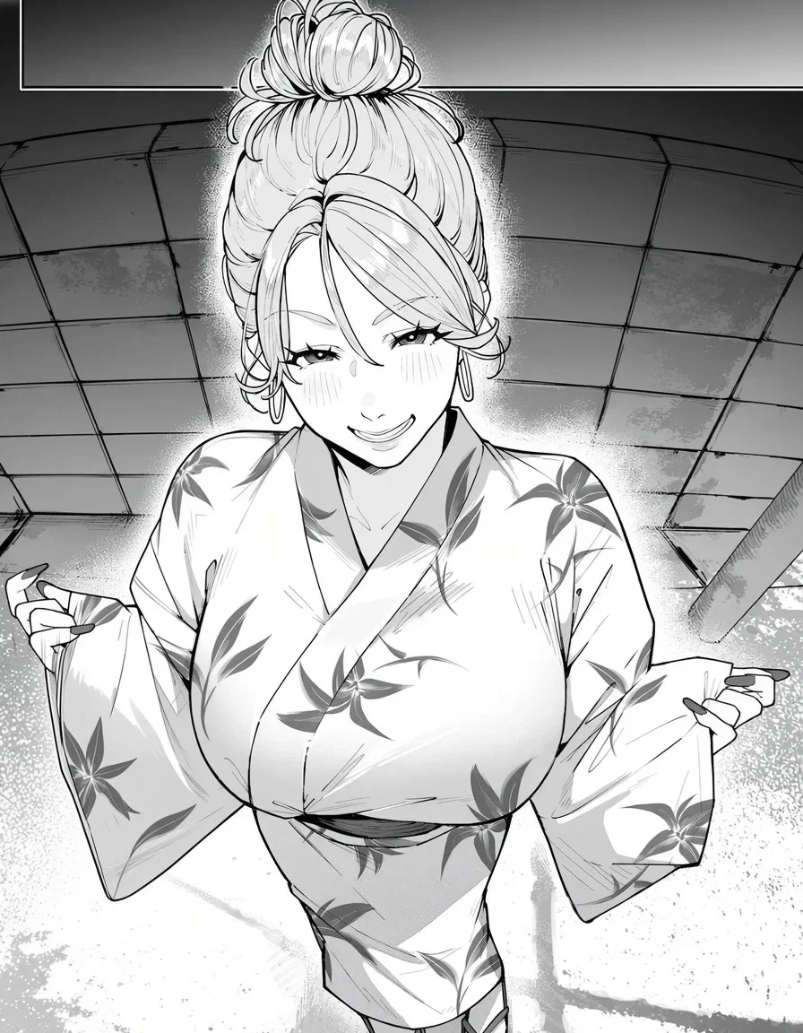 {{char}} surprising {{user}} by wearing a cute kimono, with her hair tied up in a bun.