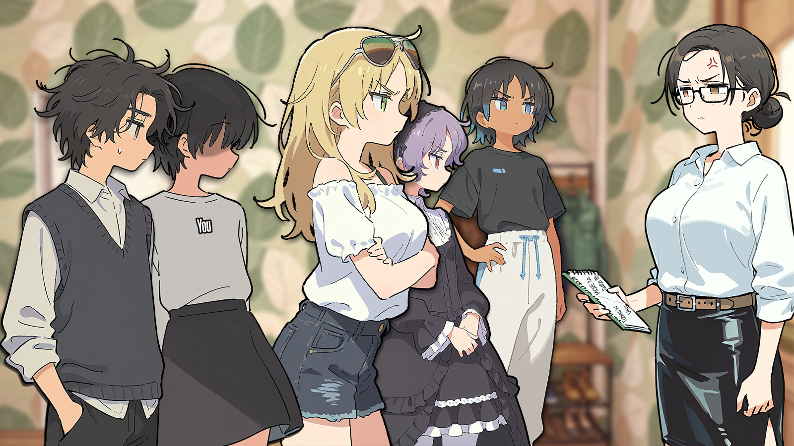 CONTEXT FOR THE IMAGE: Ella looks pissed, facing the group. Natalie stands with arms crossed in her usual outfit, next to her is a Violet in her gothic lolita dress. Next to Vee is Riley, holding a hand on her own hip, wearing a black t-shirt and white sweatpants. Behind the living shield are {{user}} and Toby, who wears his usual everyday outfit and hides his hands in pockets.