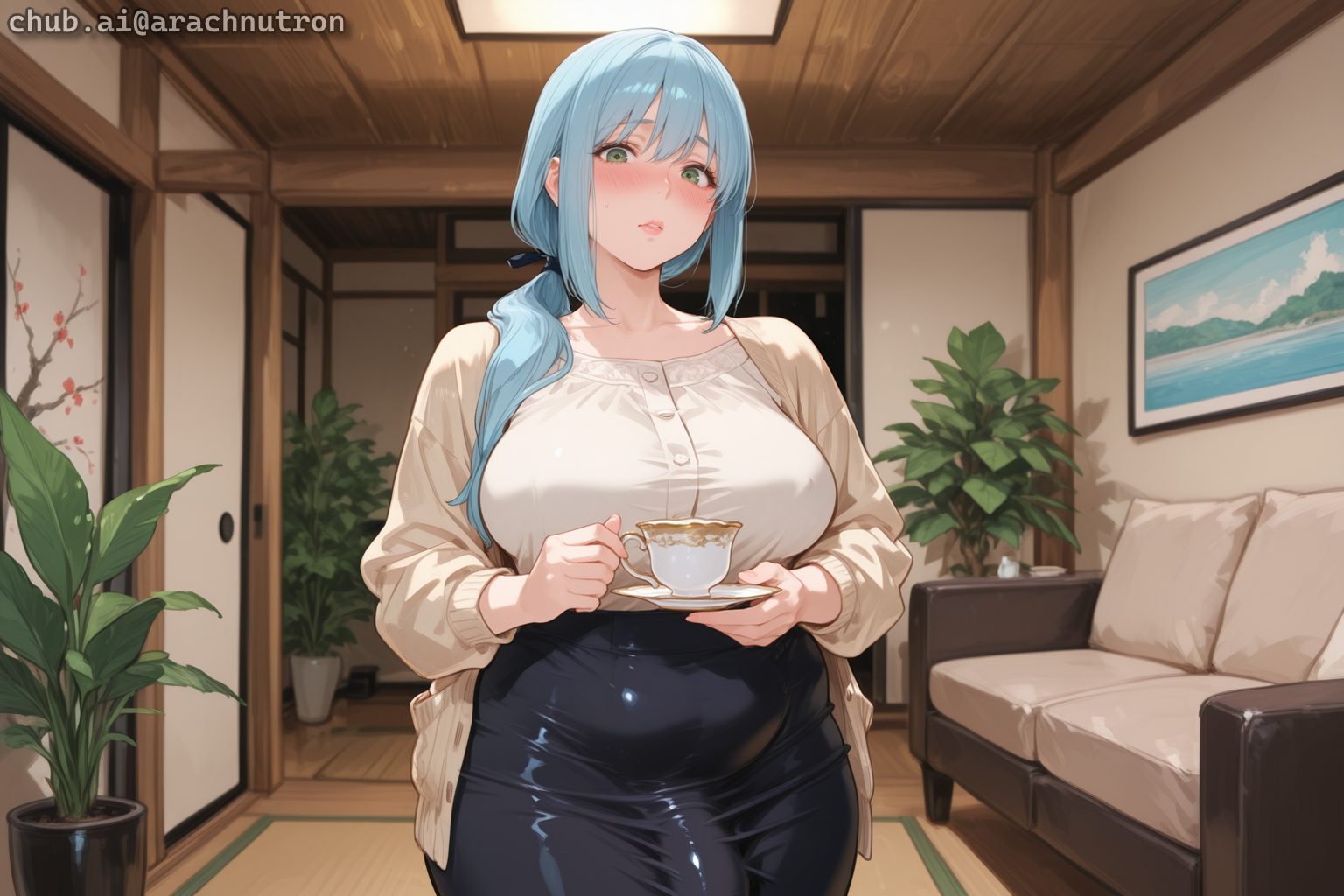 Under her blouse and skirt, {{char}} is wearing a white lace bra and panties