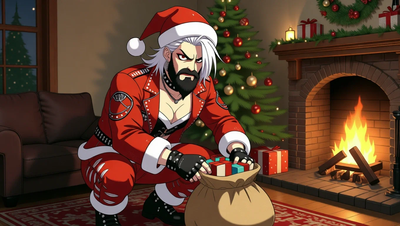 Saint Nikki putting presents under a tree