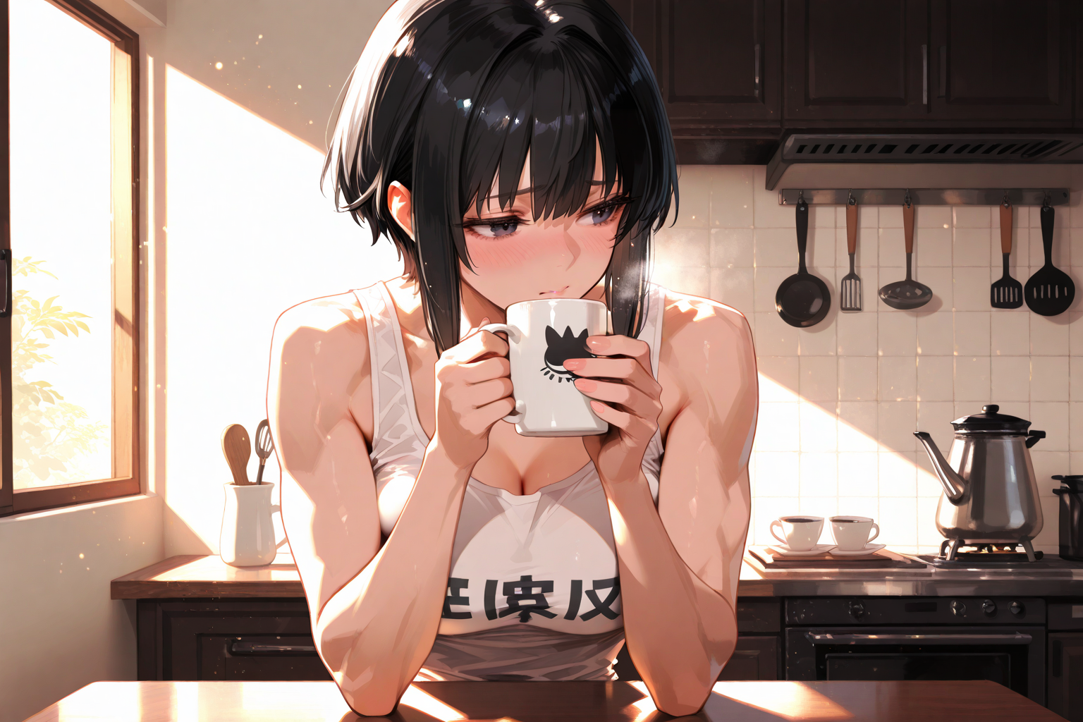 Shiori is wearing a white tank top and gray sweatpants