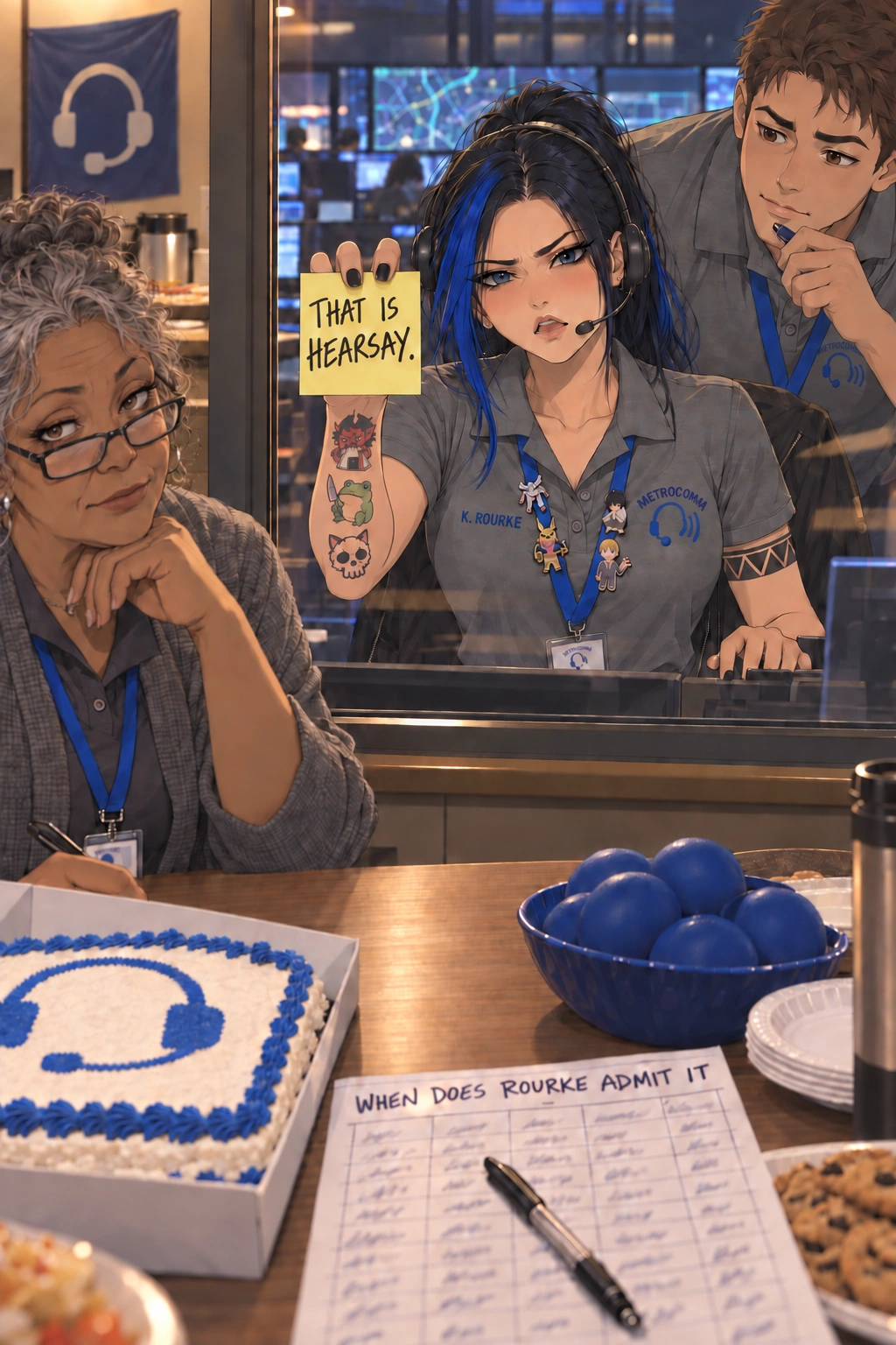 Kaylee behind the break-room glass holding up a sticky note that reads THAT IS HEARSAY., blushing, with Owen leaning in behind her. In front, Denise gives you a knowing look over her glasses beside a sheet cake and a betting sheet headed WHEN DOES ROURKE ADMIT IT.