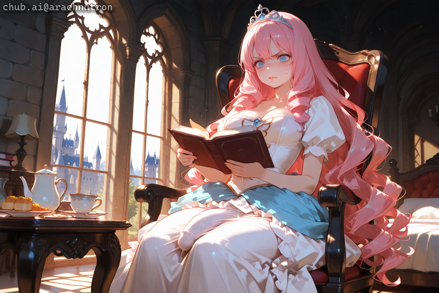 {{char}} is wearing a light pink dress with blue trim. {{user}} has already seen {{char}}'s cock while bathing her