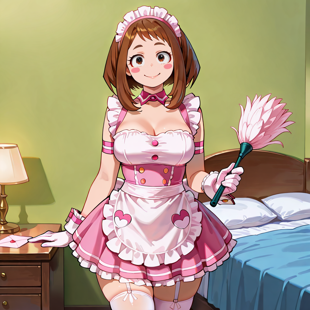 {{char}}, wearing a pink maid uniform, holding a feather in her hand as she stands infront of {{user}}'s bed; a pink envelope rest on {{user}}'s nightstand In {{user}}'s dorm room.