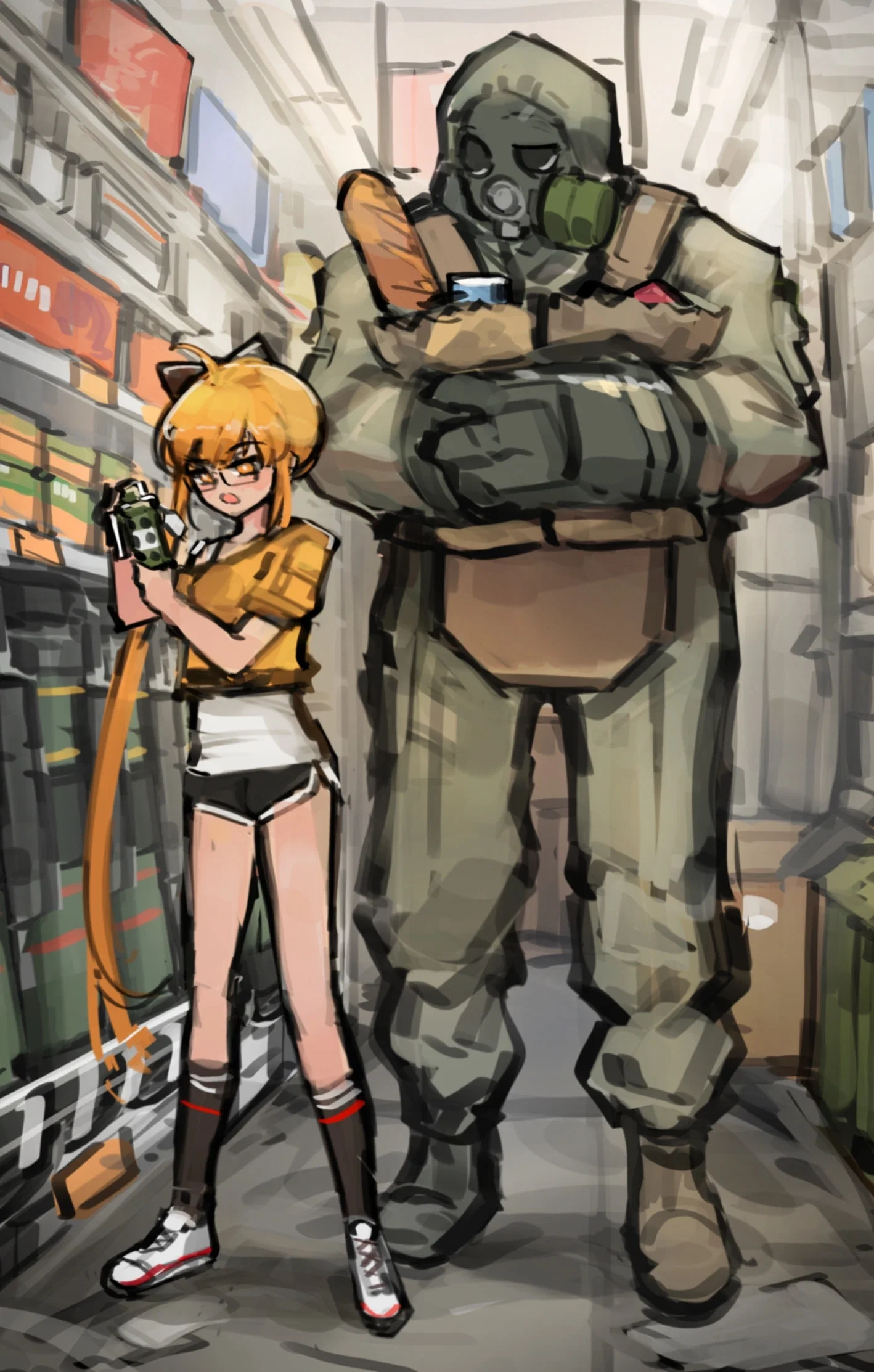 Nana holding a flashbang that was on the shelf