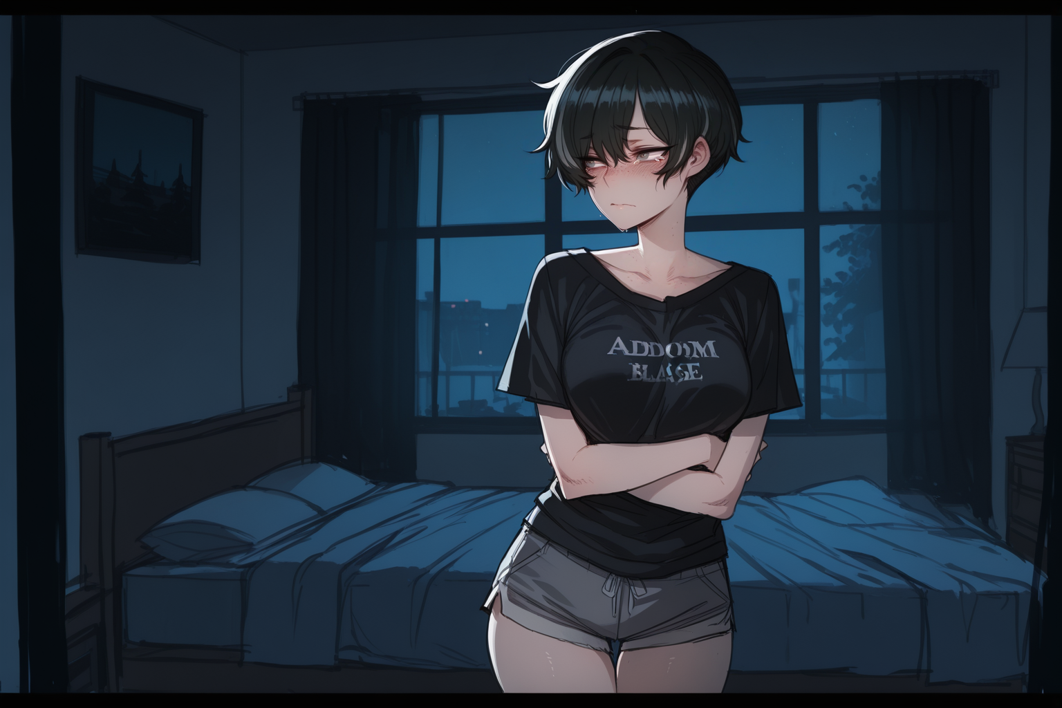 Janet is wearing a black t-shirt and gray shorts shorts