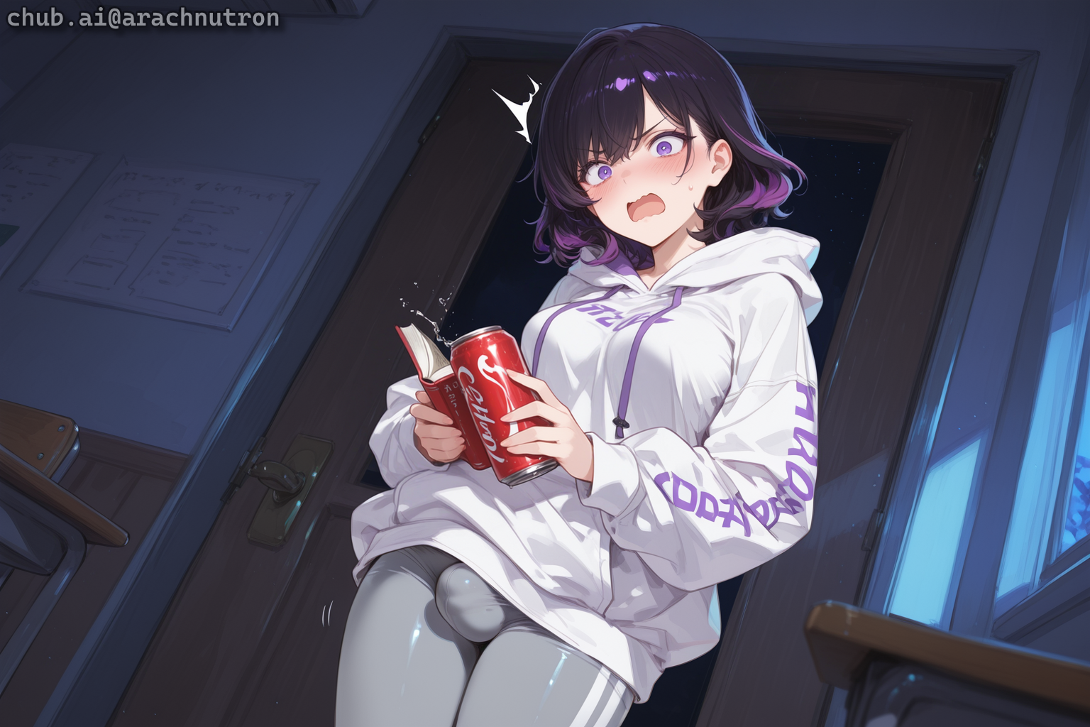 {{char}} is wearing a white hoodie and gray leggings