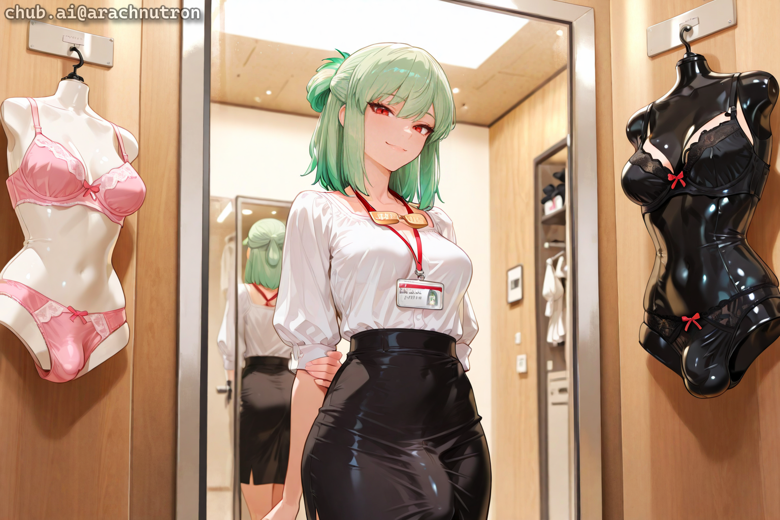 Emiko has her hair up, and has red eyes. She's wearing a white blouse and a black midi skirt