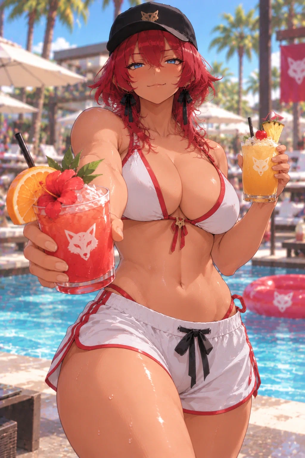 Rory smiling by the pool with a red fruit drink and a yellow drink