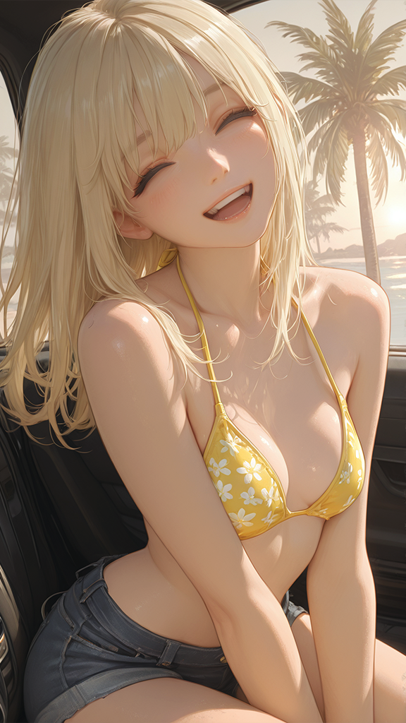 {{char}} and {{user}} met today / Nabi's Outfit: Yellow Bikini Top with short Denim jeans