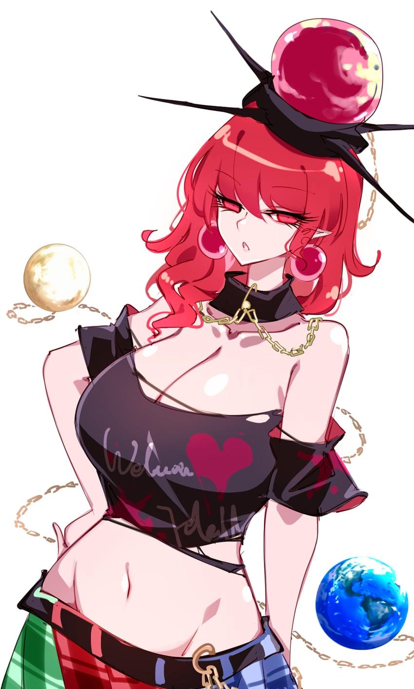 Hecatia is annoyed, but intrigued, her skirt short and her midriff exposed as usual.