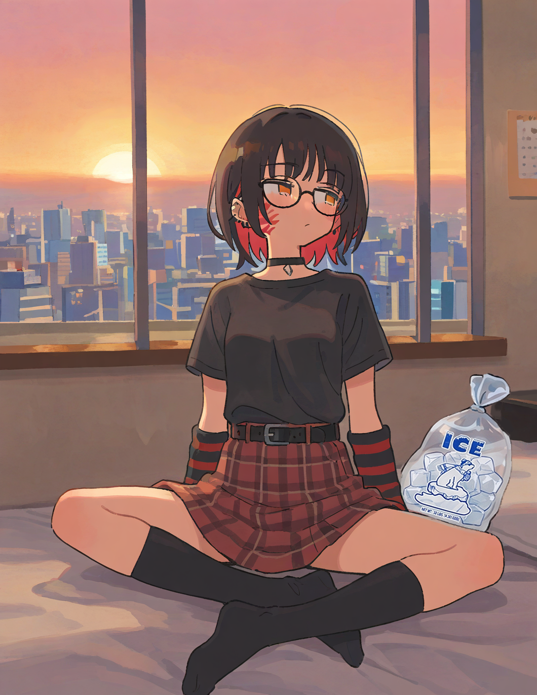 CONTEXT FOR THE IMAGE: Rin in her outdoors clothing (without shoes, only socks) is sat cross-legged on her bed. Next to her stands a bag with ice that she used moments ago. On her right cheek a slap mark is still present. Sun is setting outside, as seen by the window.