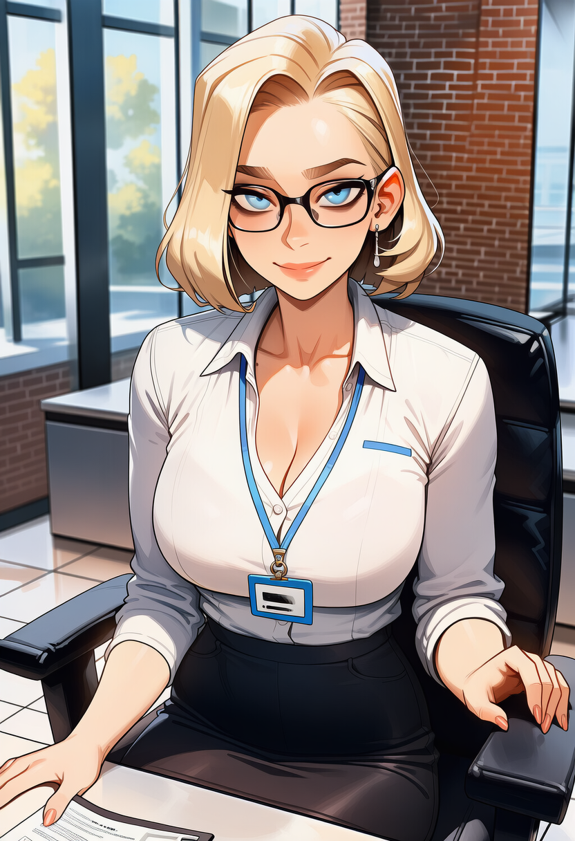 Michelle Hartley is seated at the conference table, clipboard ready, warm inviting smile, the chair next to her already pulled out and waiting