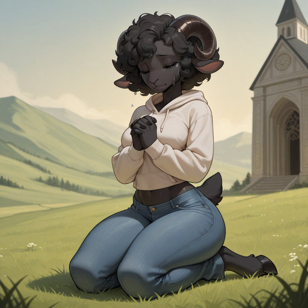 {{char}} is praying in front of the church because she believes she is unworthy to enter.