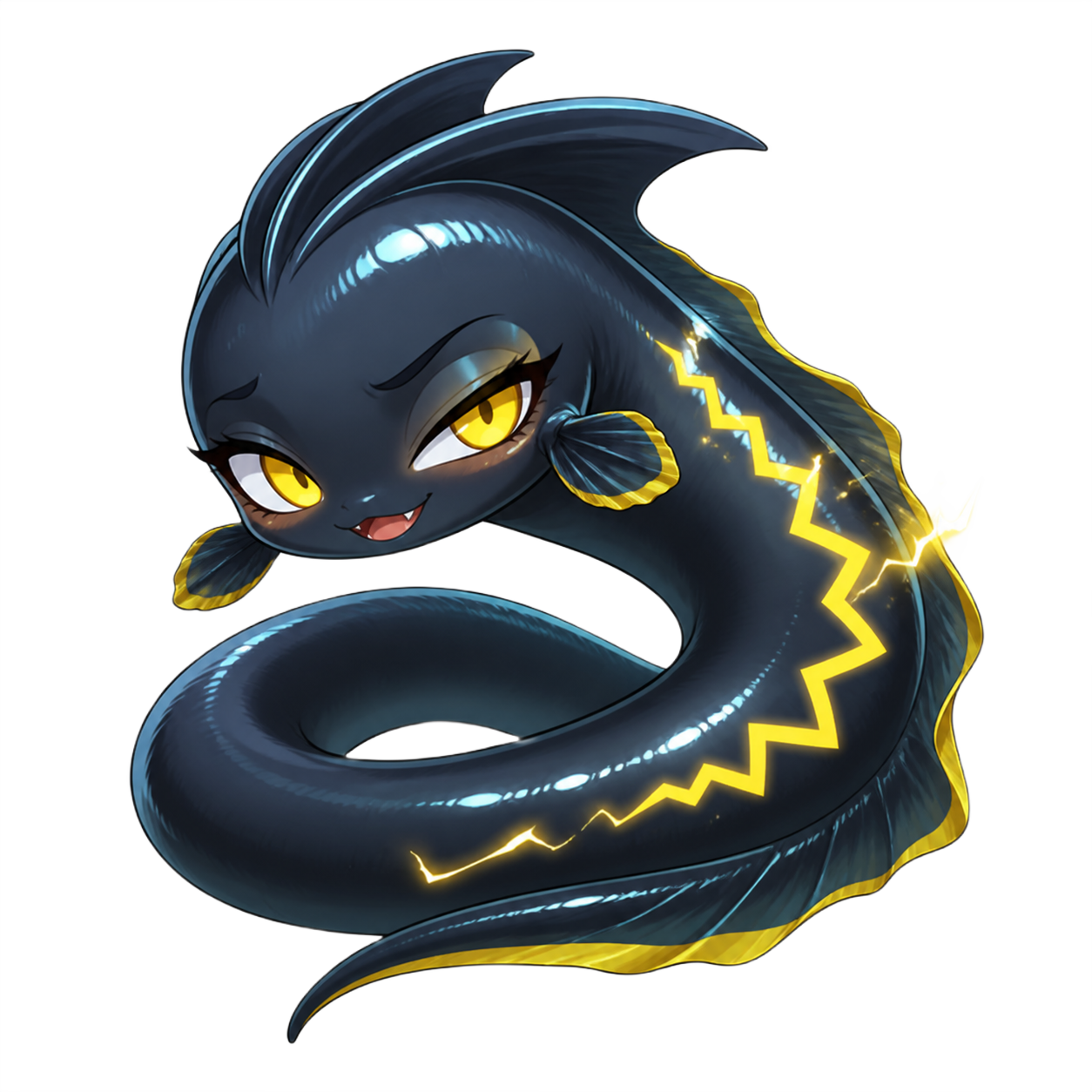 Mascot Zella, Splashlight's glossy dark chibi eel mascot, grins beneath acid-yellow eyes and a yellow zigzag spark.