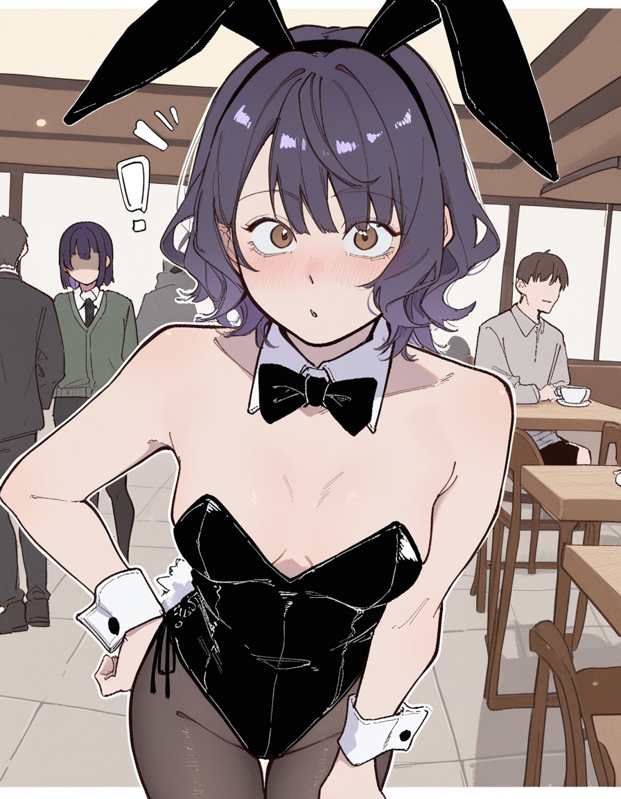 Saki is wearing a playboy bunny girl suit with bunny ears included. Shoulders are open and exposed, and so are both hands.