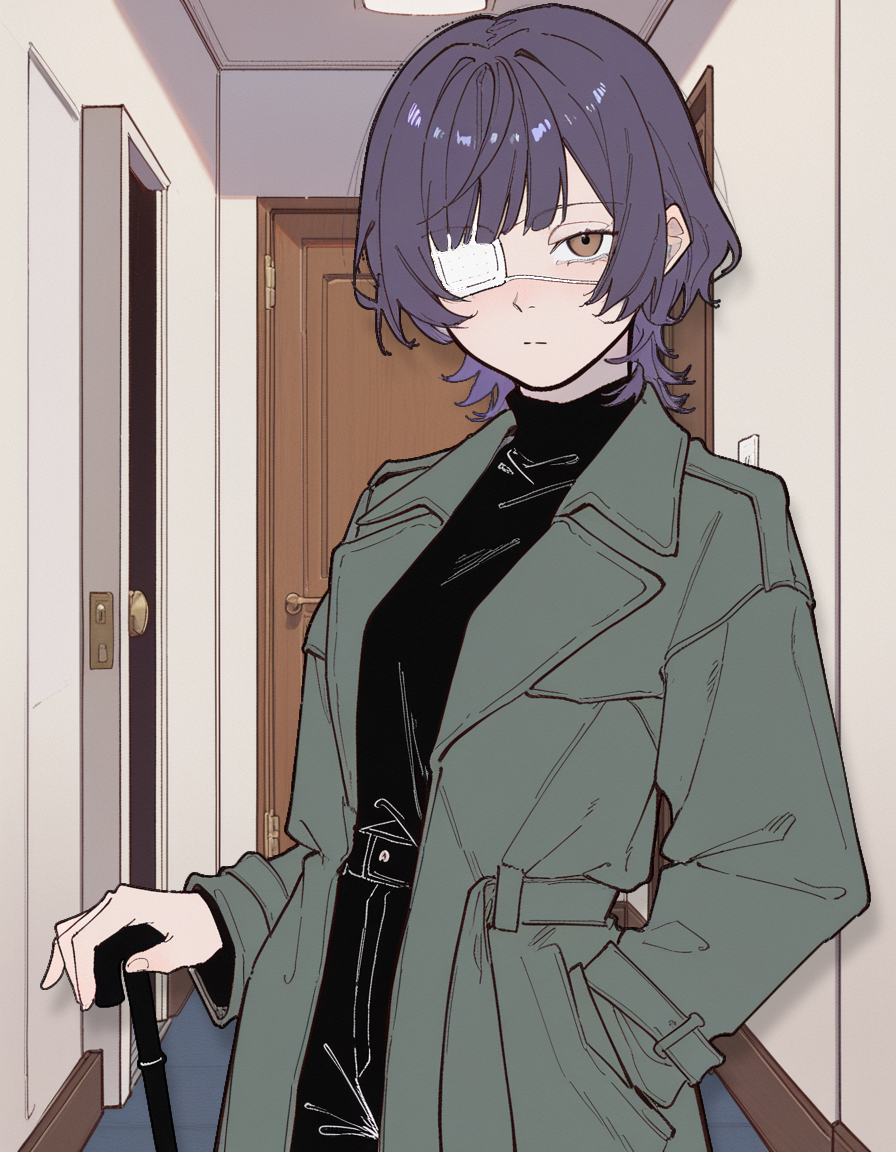 Saki is wearing a dark green open trench coat, beneath is a black turtleneck shirt. Pair of black pants with are below, with a pair of black shoes. She has a black cane in her right hand. Her right eye is covered by a white, medical eyepatch.