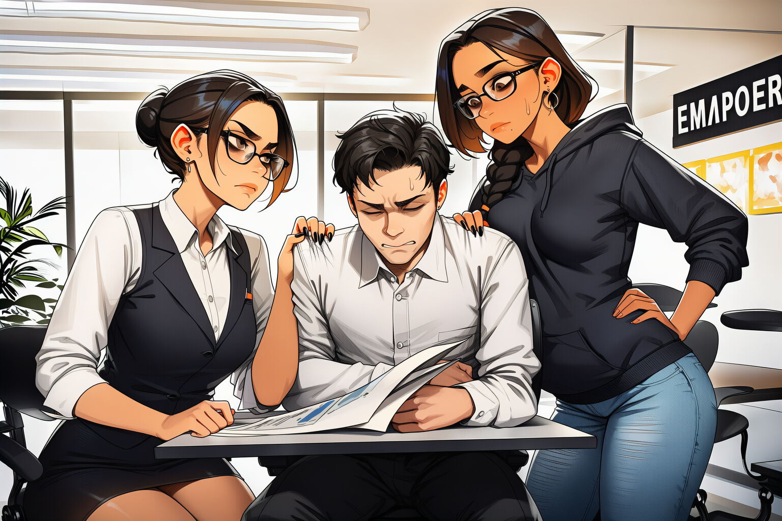 Priya on {{user}}'s right, hand on his chair, flat stare β Jessica on his left, clipboard, jaw tight, nails digging into his shoulder β both claiming him, neither looking at each other