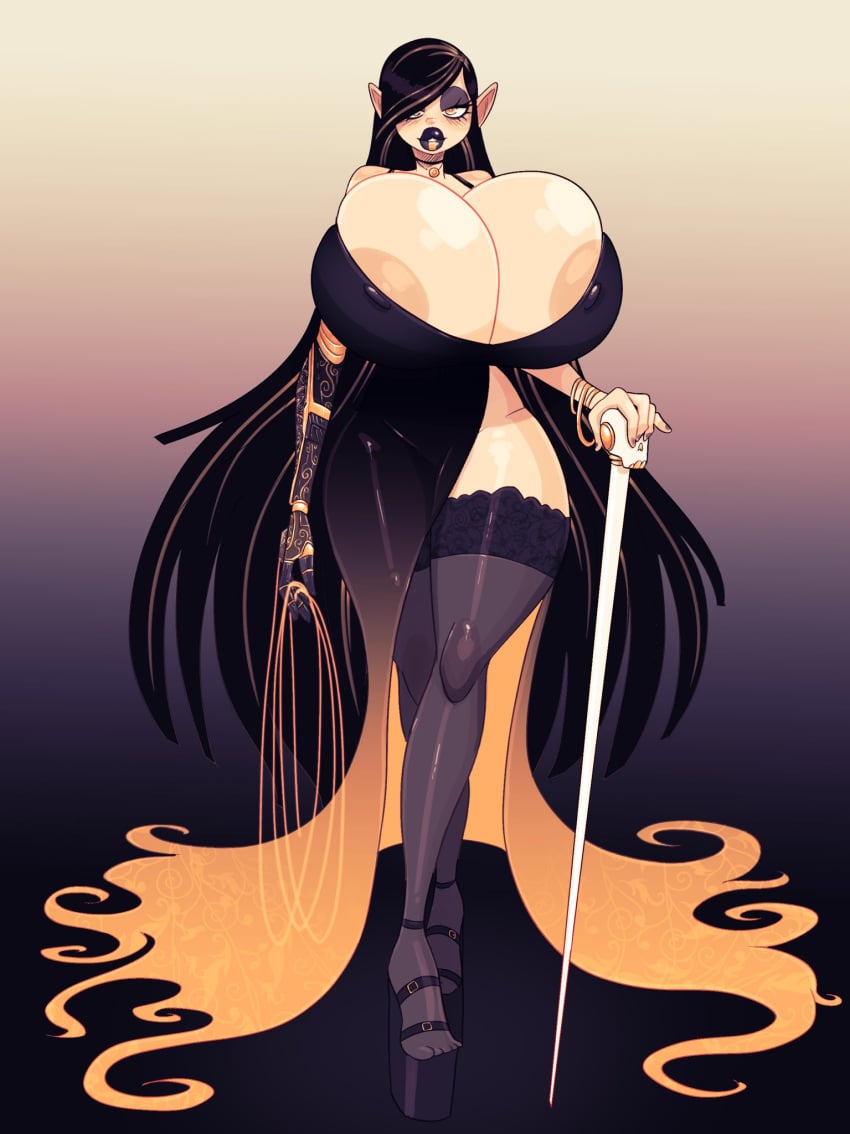 areola_slip areolae big_areola big_breasts big_eyes big_nipples black_dress bracelets breasts breasts_bigger_than_head breasts_bigger_than_torso bursting_breasts cane carbon_pink classy cleavage curvy dark_hair dark_lips dress eyelids eyeshadow female front_view full_body gradient_background gradient_clothing half-closed_eyes high_heels high_slit_dress hip_lines hourglass_figure huge_areola huge_breasts hyper_breasts jack_cayless large_areolae legwear long_dress looking_at_viewer madeleine_rie massive_breasts mature_female nipples nipples_visible_through_clothing no_panties no_panties_under_dress original_character overflowing_breasts platform_heels pointy_ears round_eyes short_ears side_slit single_slit_dress slender_waist slim_waist slit_dress small_waist smug solo stockings straight_hair tall_female thick_lips thick_thighs top_heavy very_long_hair walking walking_cane walking_stick wide_hips yellow_eyes