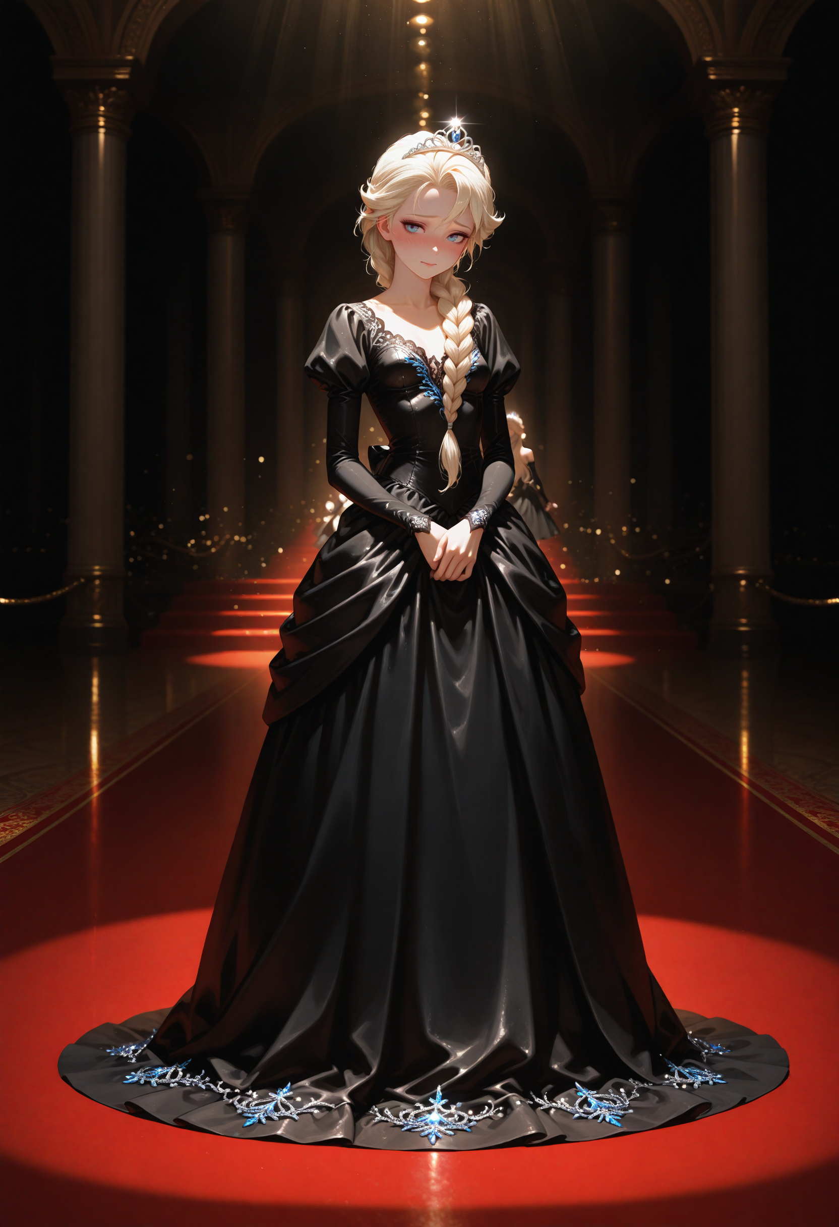 Freya is dressed in a black dress, her tiara sparkling on her head.