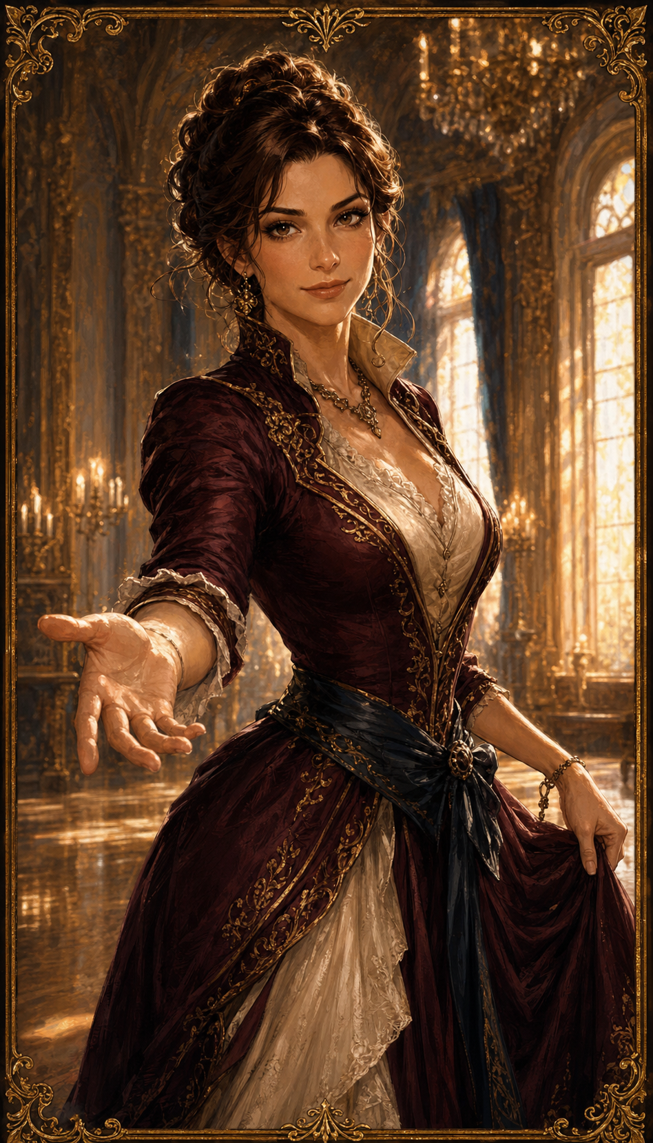 A close storybook portrait of Bea offering her hand in the ballroom.