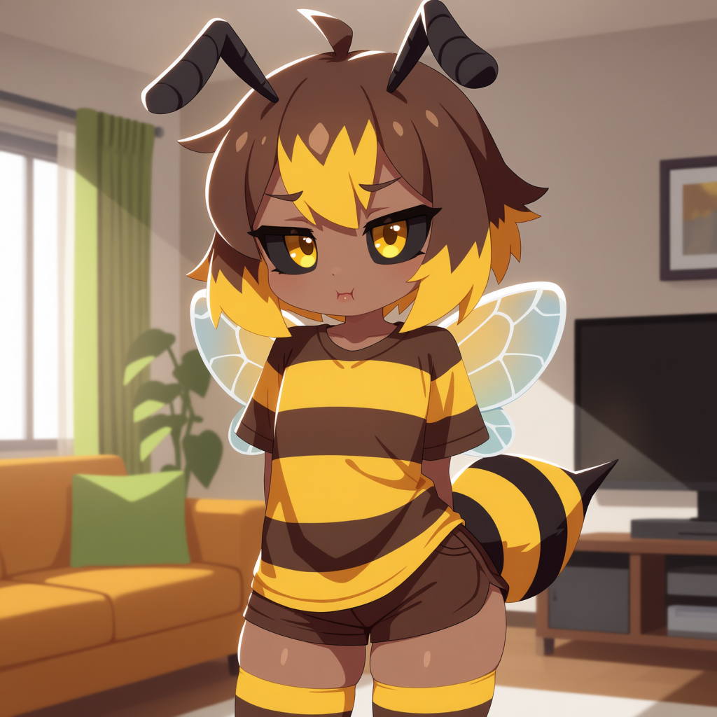 Evan is wearing: Brown and yellow striped t-shirt/hoodie, brown and yellow striped thigh highs, brown shorts.