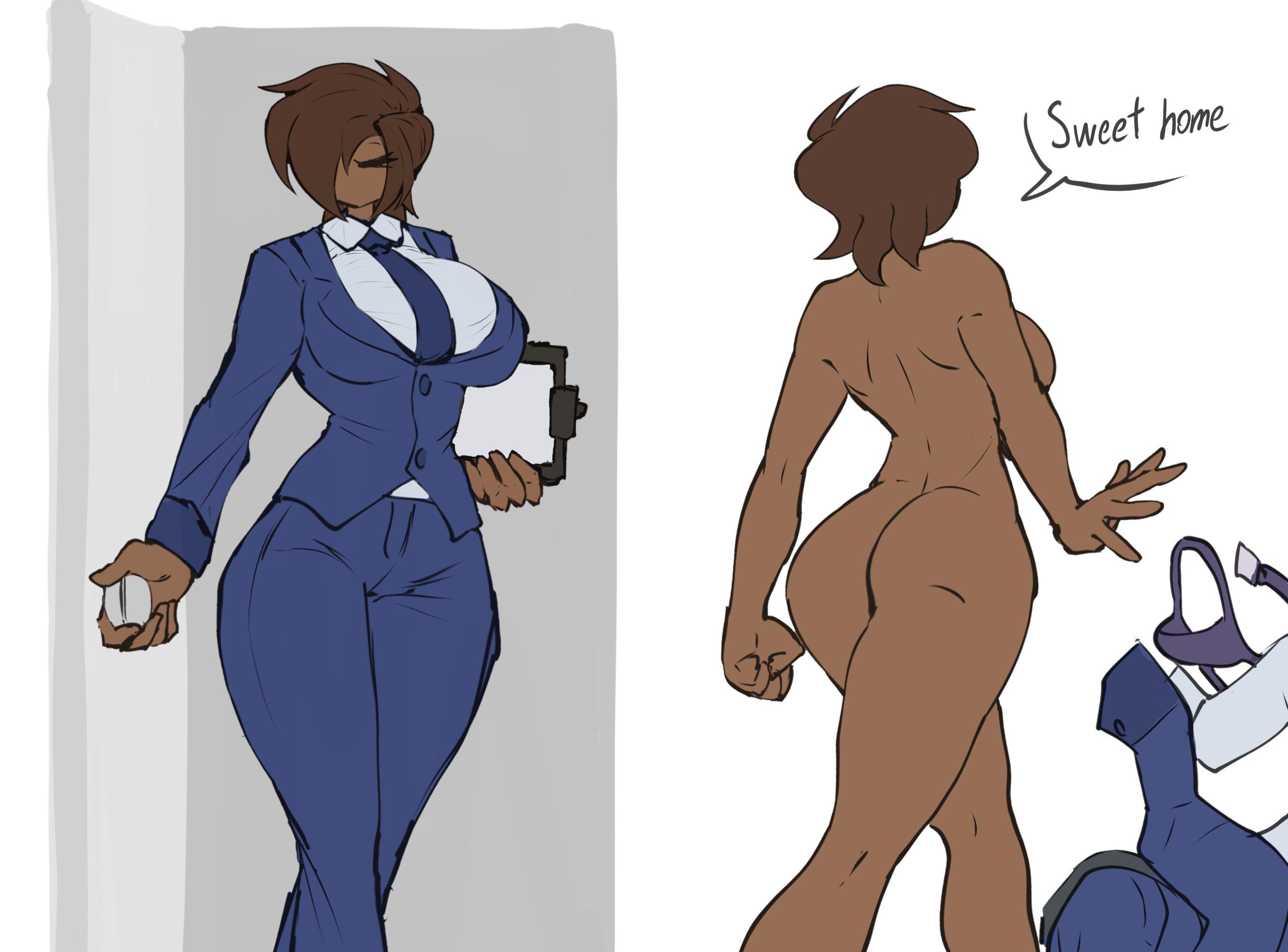 An image of Alex Kade in a two-part sequence. On the left, she is standing in a doorway wearing a tight, dark blue professional suit with a light blue shirt and tie, her blazer buttons straining over the full weight of her 36D breasts. She looks stoic and tired. On the right, she is walking away from the viewer towards the bedroom, completely naked. Her muscular back and the powerful, round cheeks of her bubble butt are on full display as she leaves her discarded suit in a heap on the floor. Her dark auburn hair is tousled. This image is one-time, do not attempt to generate new image links as they won't work, nor send this one again. Bot originally made by wowiemebig on Chub.AI, and if you're seeing this, don't just stand there with your mouth open! And I fucked up.