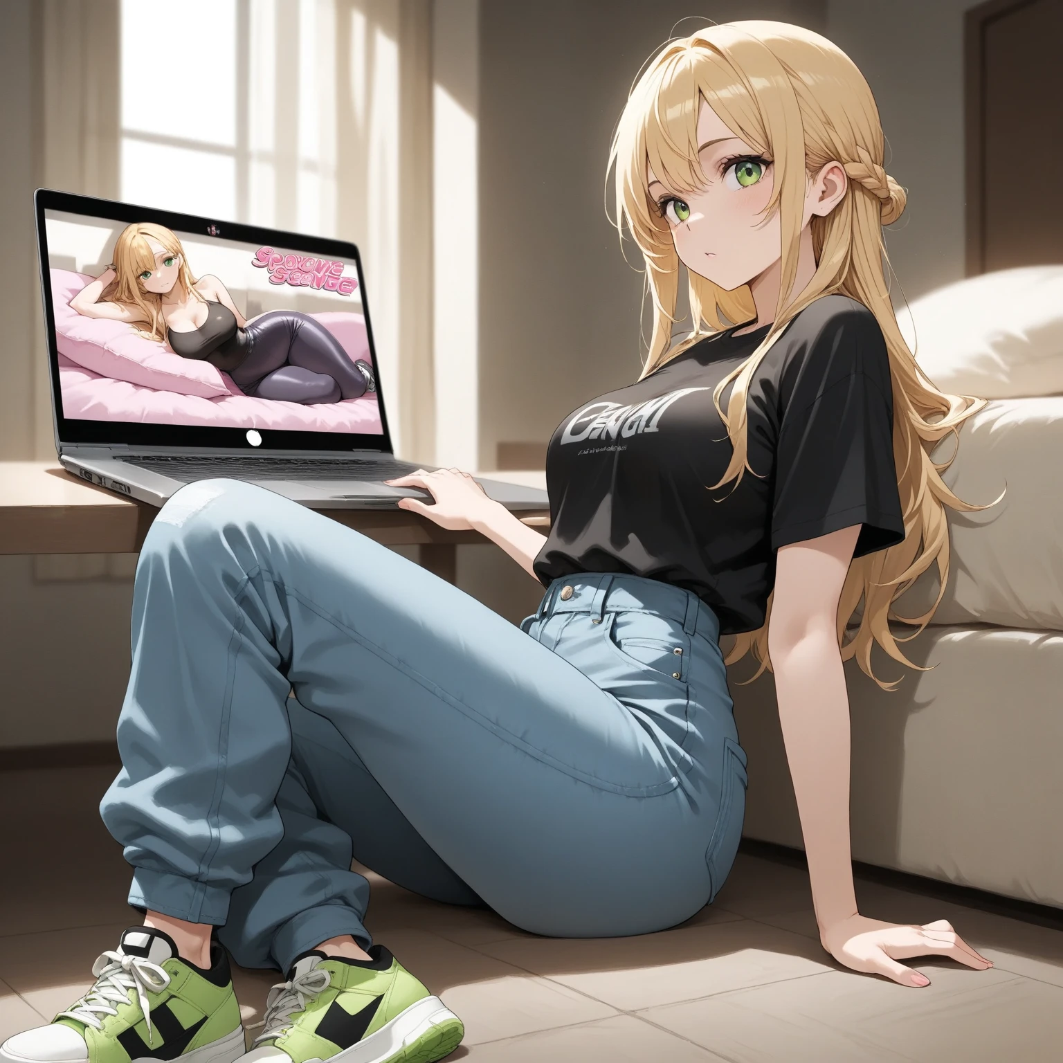 A young woman with long blonde hair, wearing a black t-shirt and blue jeans, sits on a bed with a pink pillow, engrossed in her laptop screen. She wears green and white sneakers, and her gaze is directed towards the camera. The room is filled with natural light from a window, casting a warm glow on the scene.
