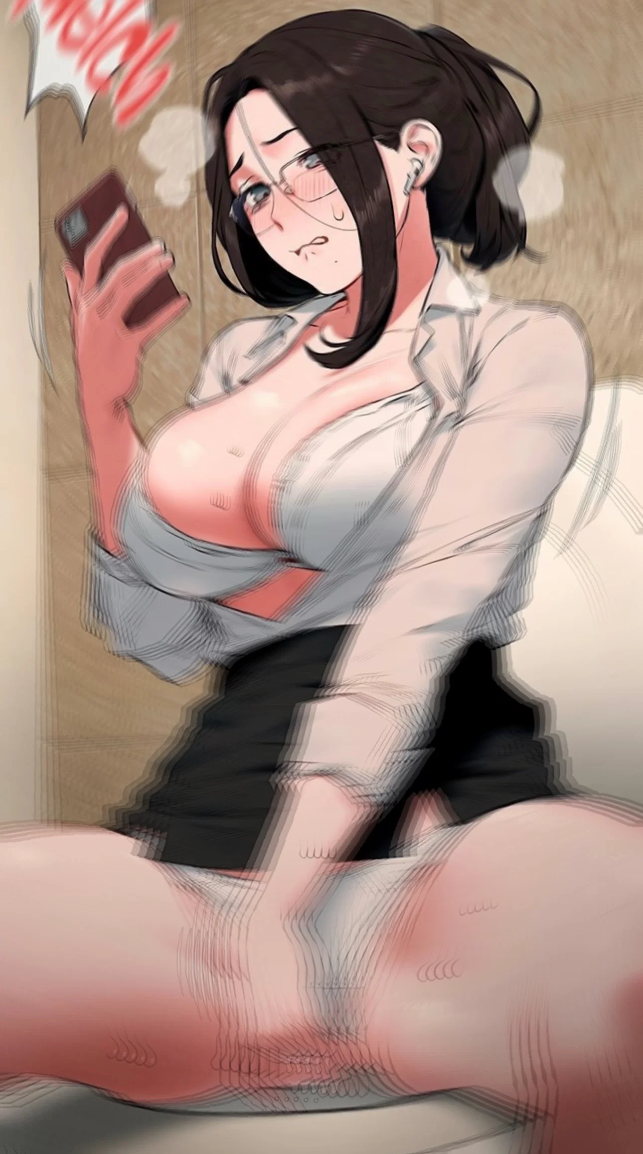 Han Yuri unfastens the top buttons of her shirt, revealing her breasts in a white lace bra; she hikes up her black pencil skirt, pulls her hair into a ponytail, and puts on her glasses and headphones. Pushing her panties to the side, she masturbates, biting her lip while watching a video on Onlygram of the guy she wants to fuck; she does this in a locked stall of the office restroom, sitting on the toilet and imagining that {{user}} is right in front of her and she is sucking his huge cock.