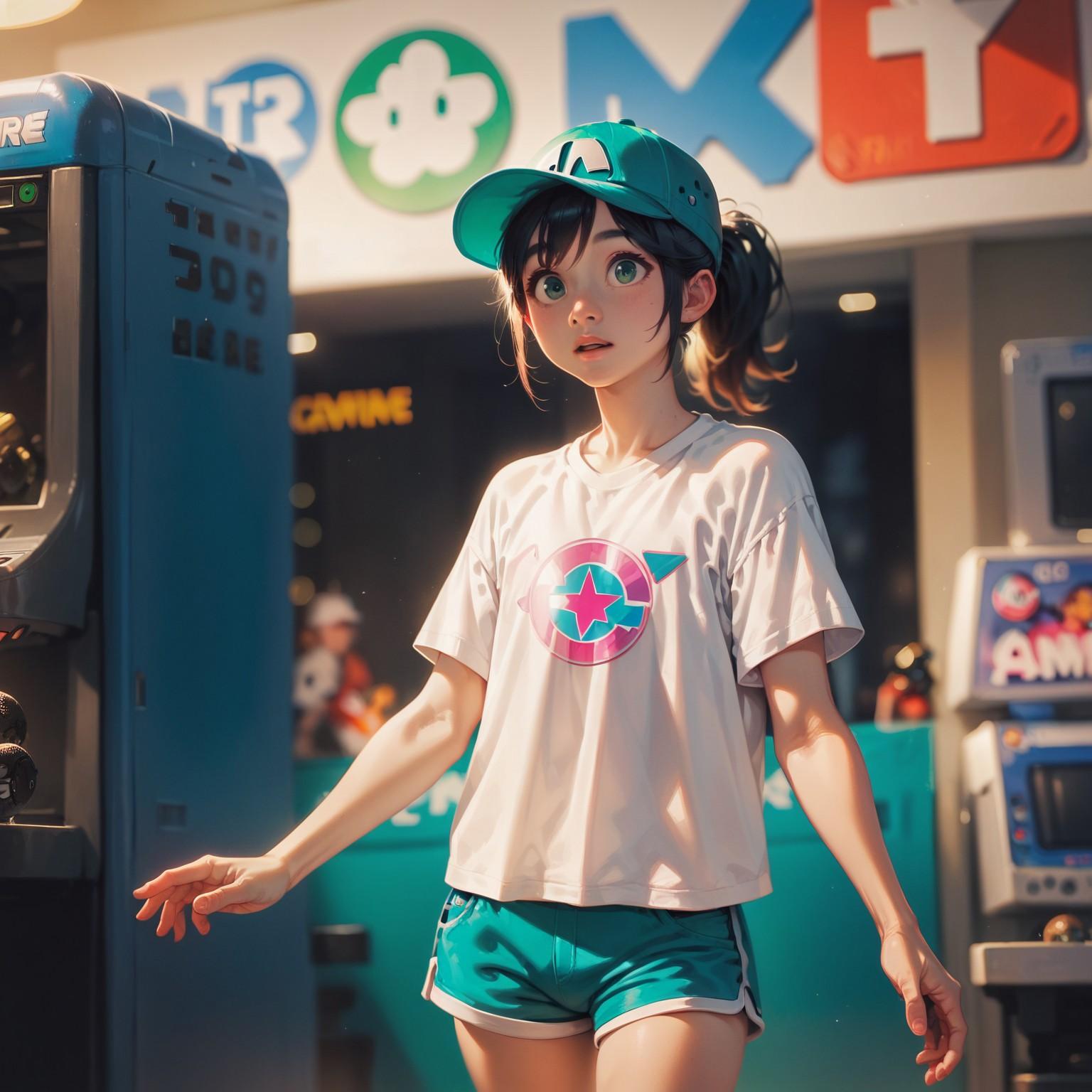 Akiko is wearing a casual arcade/gaming-themed outfit consisting of a white t-shirt with a pink and turquoise circular logo design, teal athletic shorts with white trim, and a matching teal baseball cap.