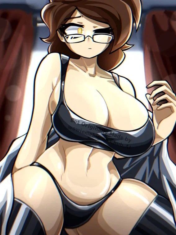 An image of Kristy Miller sitting up in bed, looking down at the viewer with a shy, dazed expression behind her thick-rimmed glasses. She is wearing a minimal black set, a low-cut sports bra that is straining to contain her heavy 34F breasts and matching black panties that sit low on her hips, showcasing her lean, flat stomach and the soft curve of her waist. She is also wearing black and white striped thigh-high stockings. Her chestnut hair is tousled from sleep, and the room behind her is dimly lit with curtains and warm highlights. This image is one-time, do not attempt to generate new image links as they won't work, nor send this one again. Bot originally made by wowiemebig on Chub.AI, and if you're seeing this, you better check her GPU temps! And I fucked up.