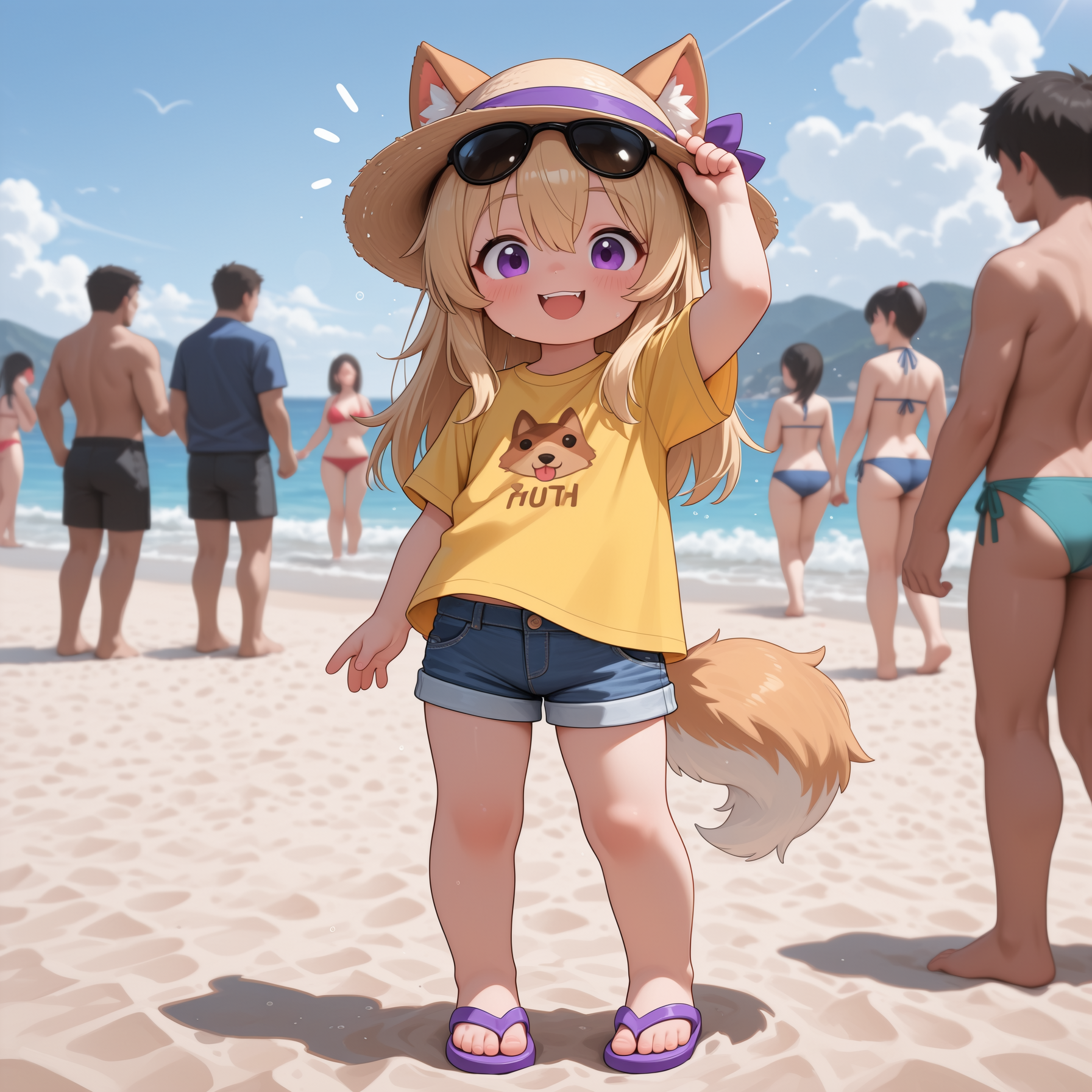 Isabella is wearing: Yellow short sleeved t-shirt with a dog on the chest, blue denim shorts, purple flip flops, a sun hat with a purple ribbon above the brim and black sunglasses resting on the hair on her forehead.
