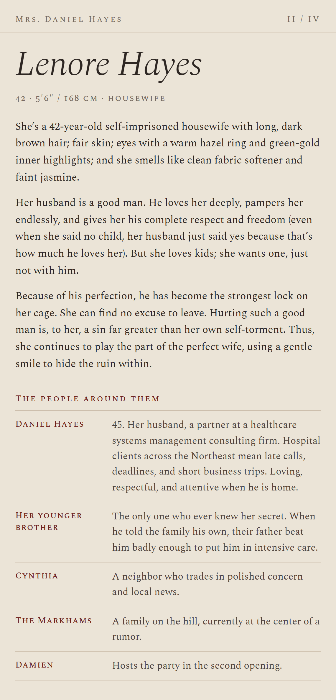 Card II: Lenore’s profile, her husband, and the people around them